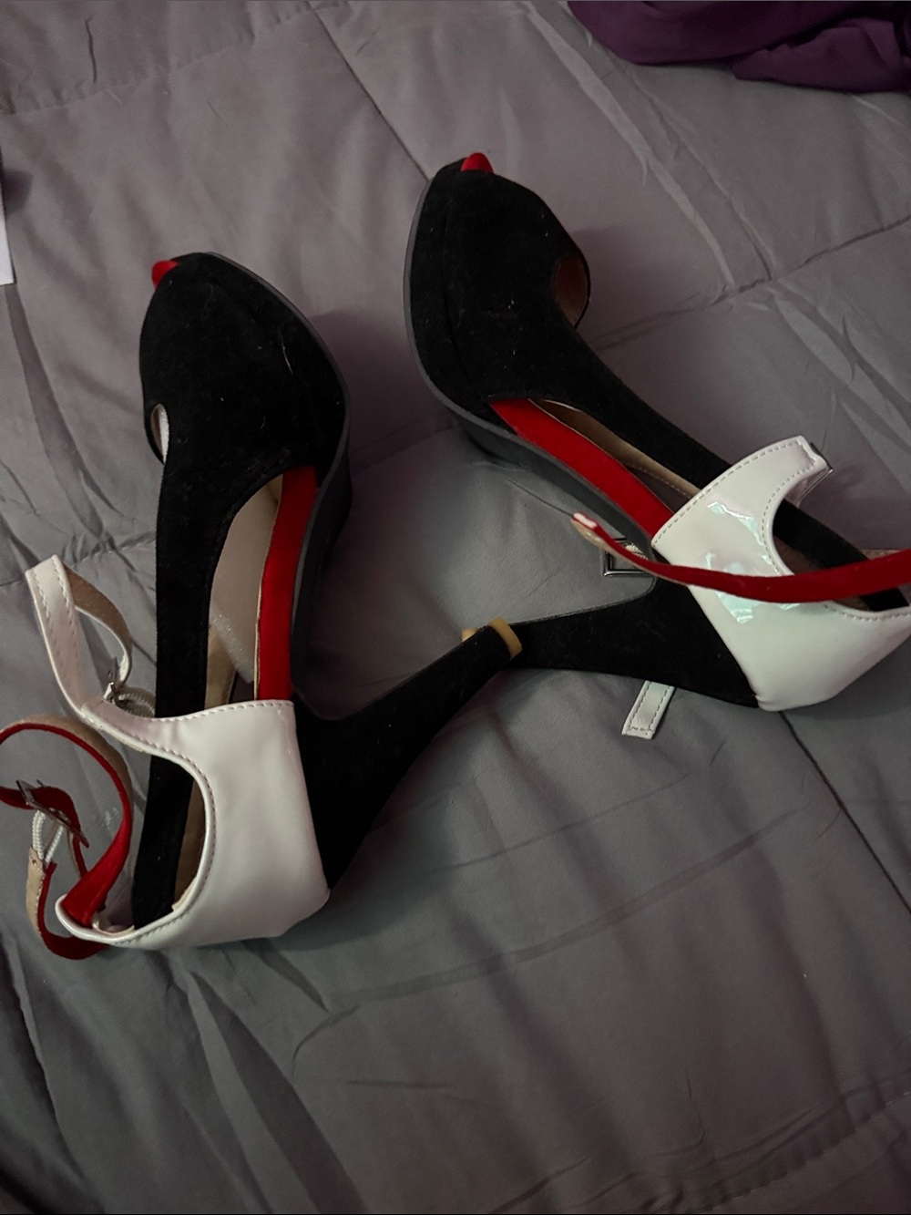 Black and White Peep-Toe Ankle-Strap Heels with Red Accents